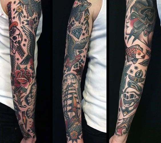 Cool Traditional Sleeve Tattoo With Diamond For Men