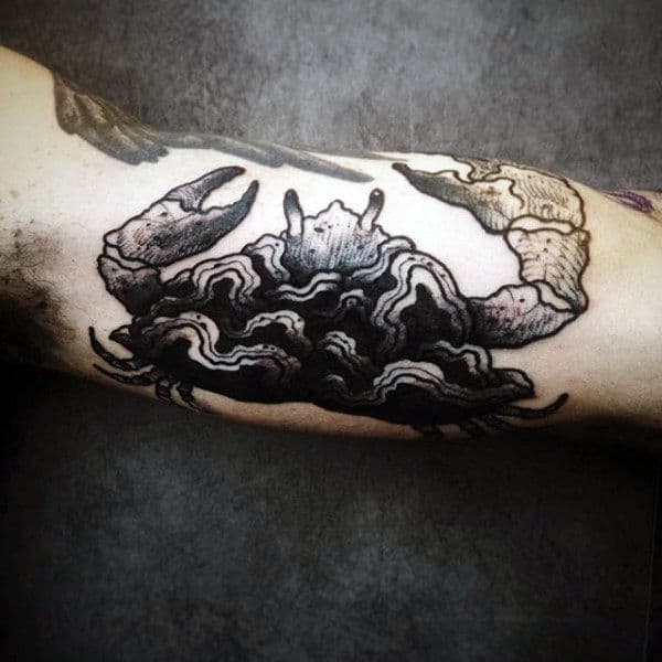 Creative Black Crab With Waves Mens Inner Arm Bicep Tattoo Design Ideas