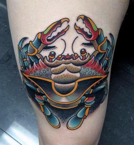 Creative Crab Colorful Male Thigh Tattoo Design Ideas