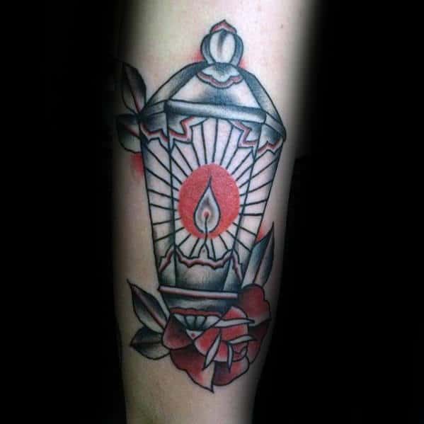 Creative Outer Arm Traditional Lantern With Red Candle Light Tattoo For Men