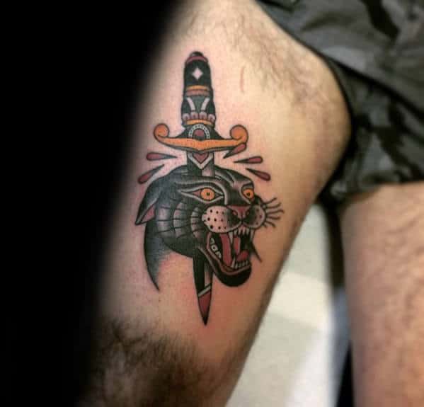 Dagger Panther Mens Thigh Traditional Tattoo Inspiration