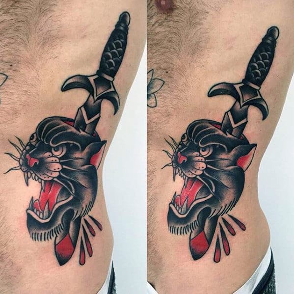 Dagger Panther Traditional Male Rib Cage Side Tattoo Ideas