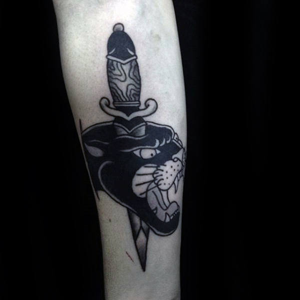 Dagger Through Head Of Panther Guys Outer Forearm Traditional Tattoo