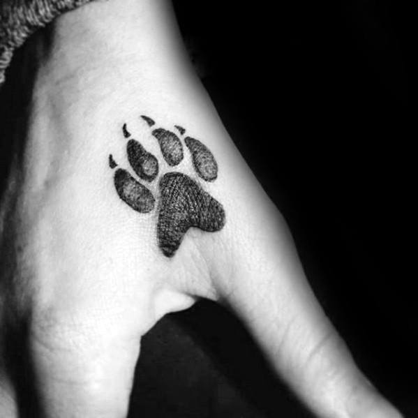 Detailed Hand Mens Small Dog Paw Print Tattoo