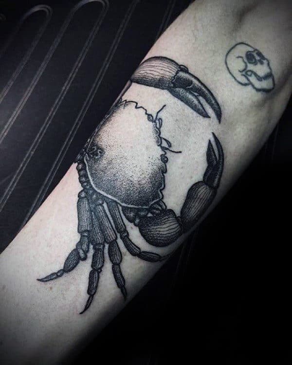 Dotwork Detailed Male Crab Tattoo Design On Inner Forearm