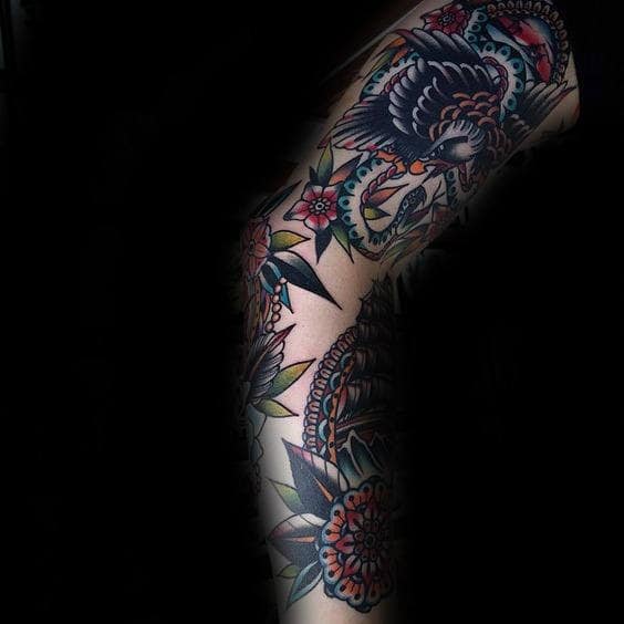 Eagle With Flowers Male Traditional Sleeve Tattoo