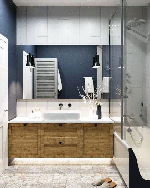 Excellent Interior Ideas Blue Bathroom With Wood Vanity