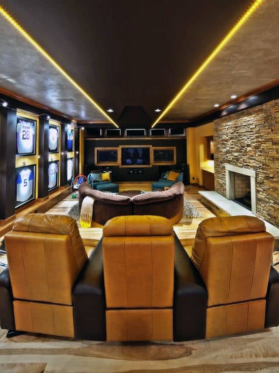 basement themed designs sports lounge cave man cool bedroom movie basements memorabilia sport decor lighting finished moment caves fireplace mancave