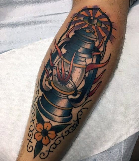 Flaming Lantern With All Seeing Eye Guys Traditional Back Of Leg Tattoo