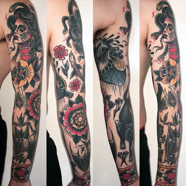 Floral Traditional Guys Sleeve Tattoo Ideas