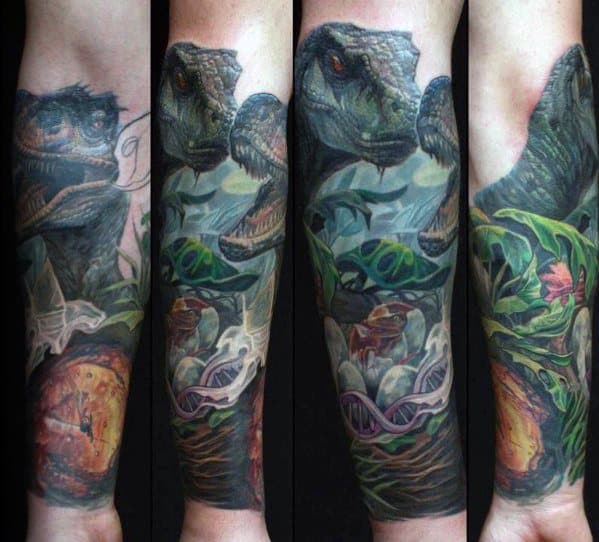 Forearm Sleeve Dinosaur Themed Jurassic Park Tattoos For Gentlemen