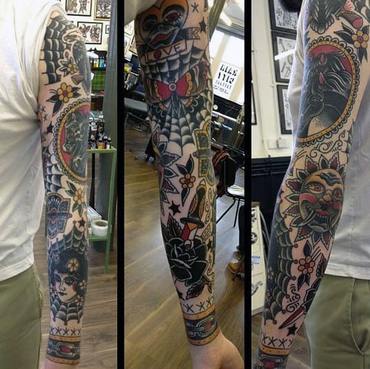 Full Arm Mens Traditional Sleeve Tattoos