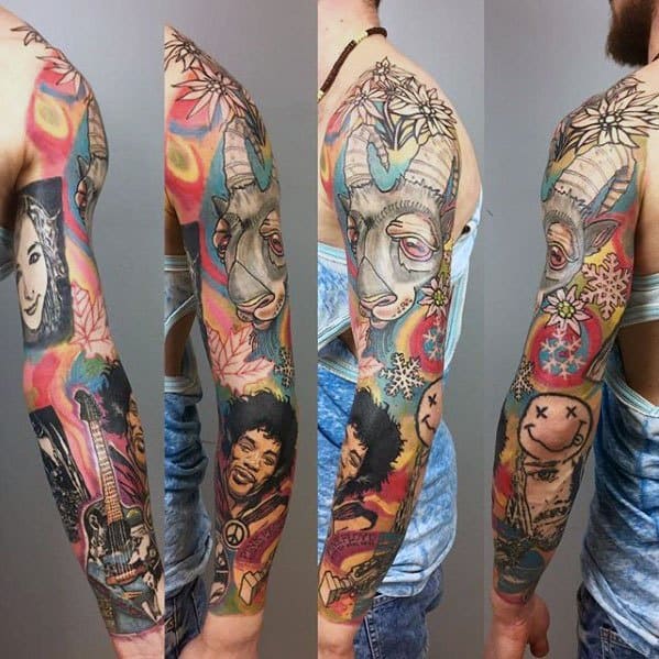 Full Arm Sleeve Male With Cool Nirvana Tattoo Design