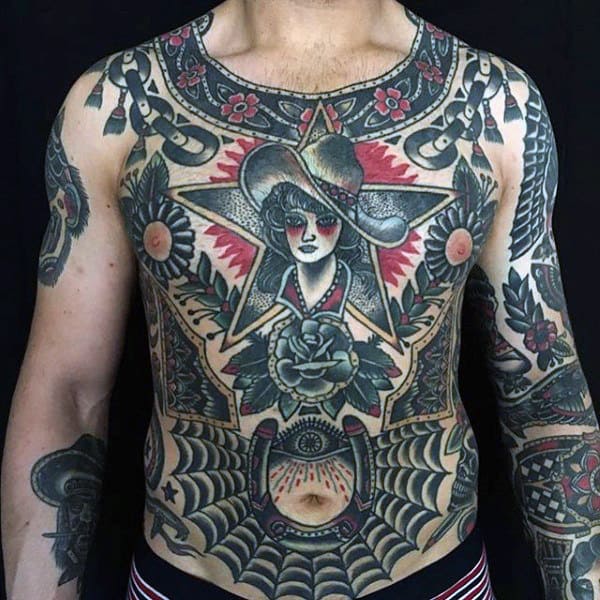 Full Chest And Sleeve Guys Traditional Tattoo Ideas