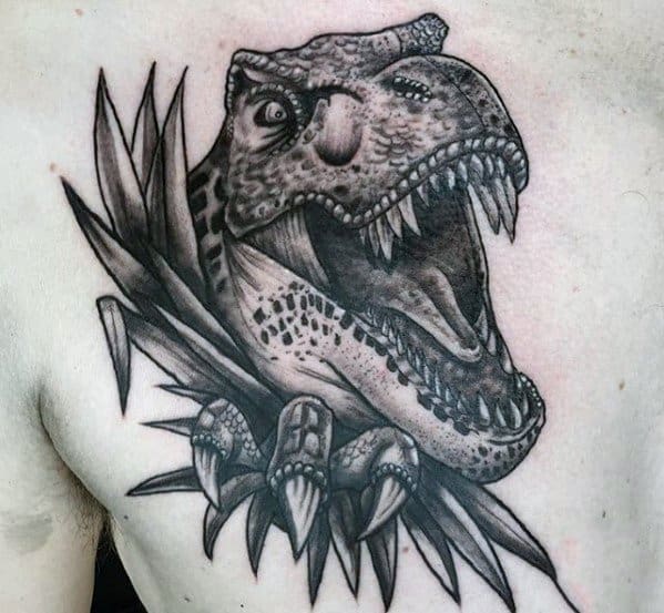 Gentleman With Jurassic Park Dinosaur Upper Chest Tattoo