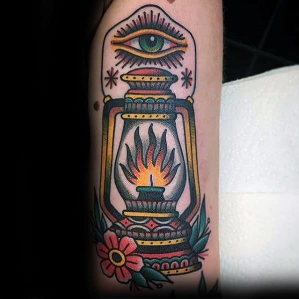 Gentleman With Old School Lantern Traditional Inner Forearm Tattoo