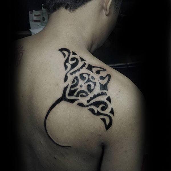 Gentleman With Stingray Black Ink Tribal Shoulder Tattoo
