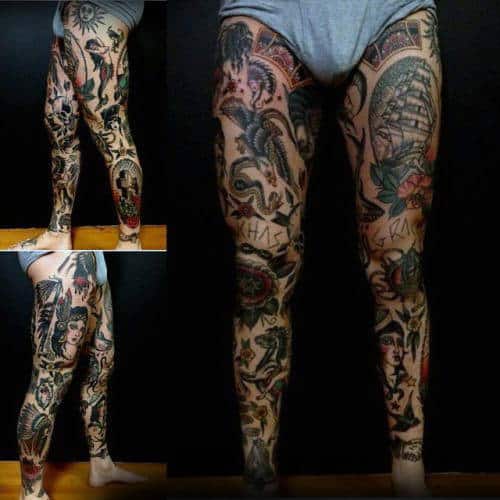 Gentleman With Traditional Tattoos Full Leg Sleeves Design