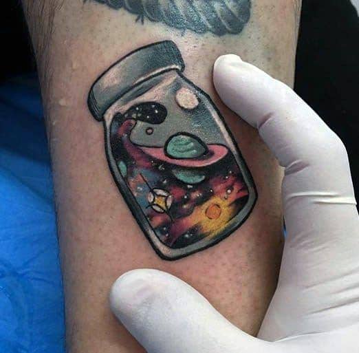 Glass With Outer Space Night Sky Guys Small Colorful Arm Tattoo