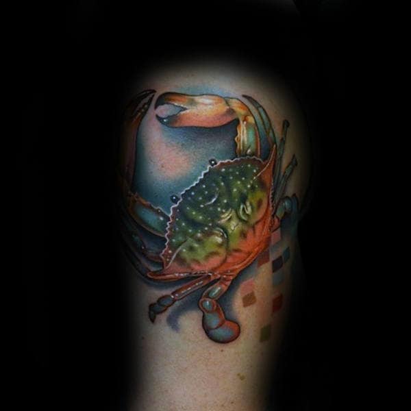 Green And Orange Male Crab Arm Tattoo With Artistic Design