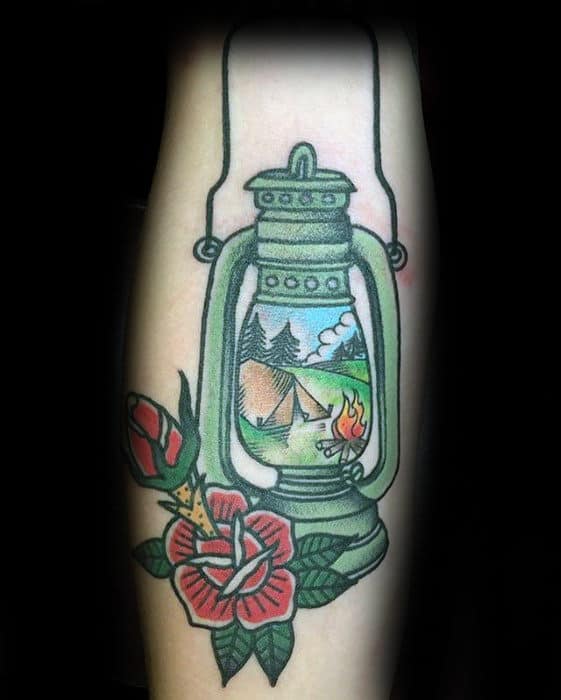 Green Lantern With Camping Scene Mens Traditional Forearm Tattoo