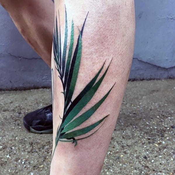 Green Plant Leaf Mens Small Nature Shin Tattoos