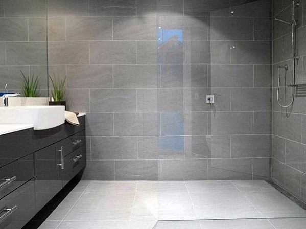 Bathroom Grey Woodgrain Tiles Red Vanity