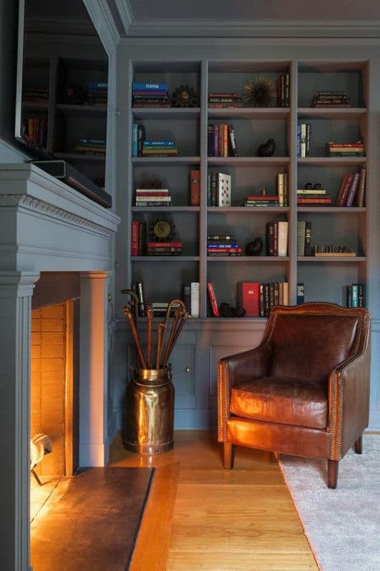 library fireplace room reading grey small men book cool built dark blue bookshelves rooms colors shelves office fire color english