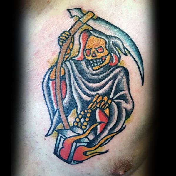 Grim Reaper With Lantern Mens Traditional Upper Chest Tattoo Designs