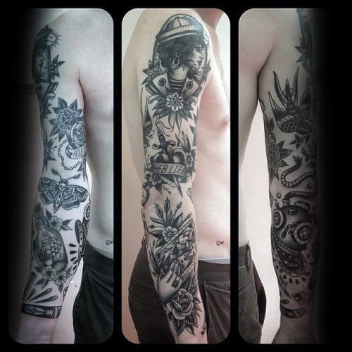 Guy With Cool Traditional Sleeve Tattoo With Black Ink Design