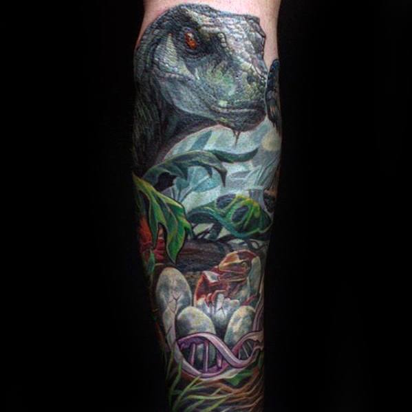 Guy With Forearm Sleeve Dinosaur Jurassic Park Tattoo Design