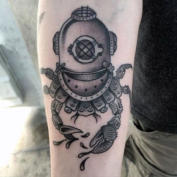 Guy With Tattoo Of Crab Wearing Diver Helmet On Inner Forearms