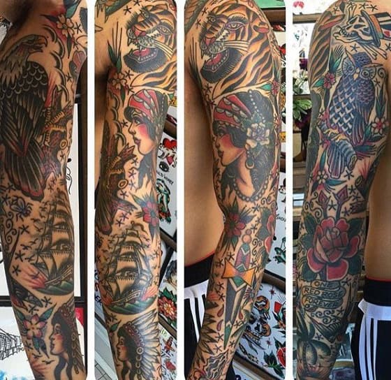 Guy With Traditional Sailing Ship Sleeve Tattoo