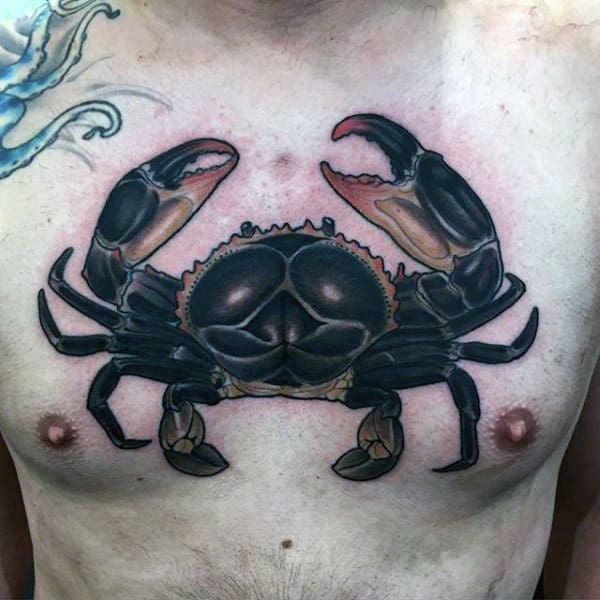 Guys Black Crab Upper Chest Tattoos