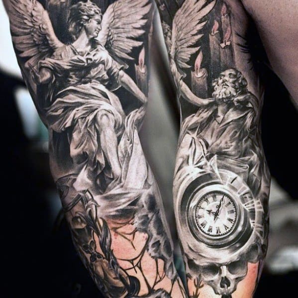40 Angel Statue Tattoo Designs For Men - Carved Stone Ink Ideas
