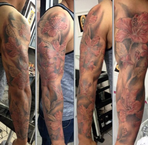 Guys Hibiscus Flower Sleeve Tattoo Designs