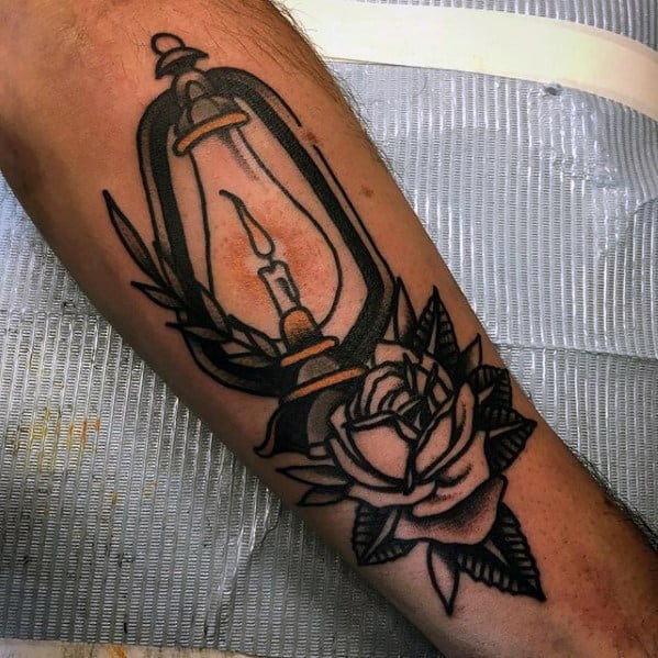 Guys Inner Forearm Traditional Lantern Flower Tattoo