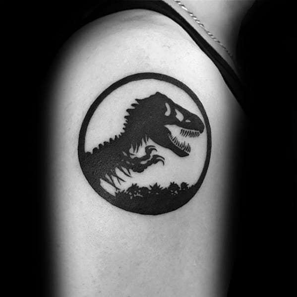 Guys Jurassic Park Logo Upper Arm Black Ink Tattoos