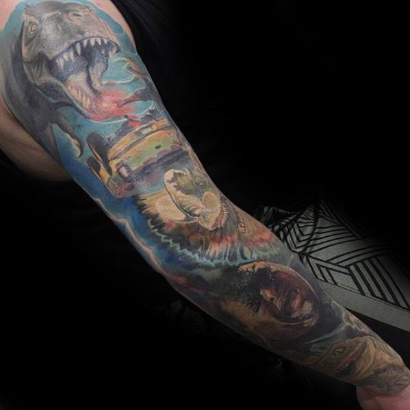 Guys Jurassic Park Themed Full Arm Sleeve Tattoo Design Ideas