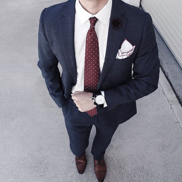Navy blue suit with brown shoes