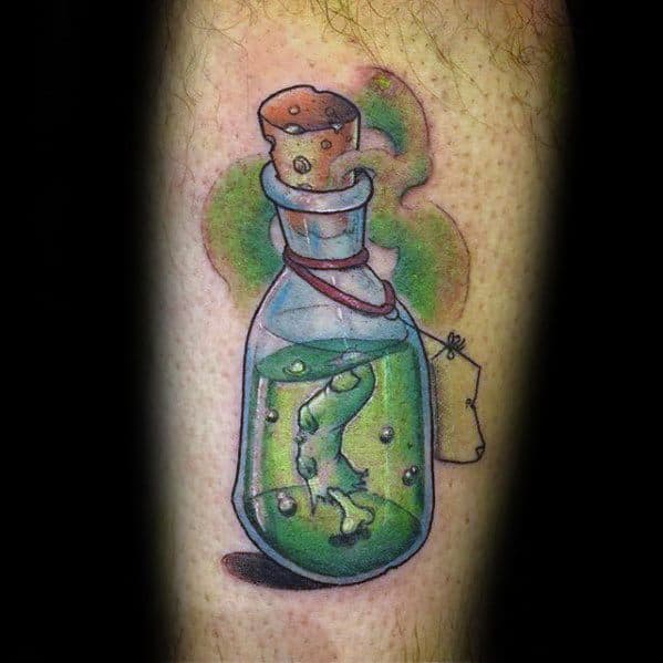 Guys Poison Bottle With Finger And Bone Tattoo Design Ideas