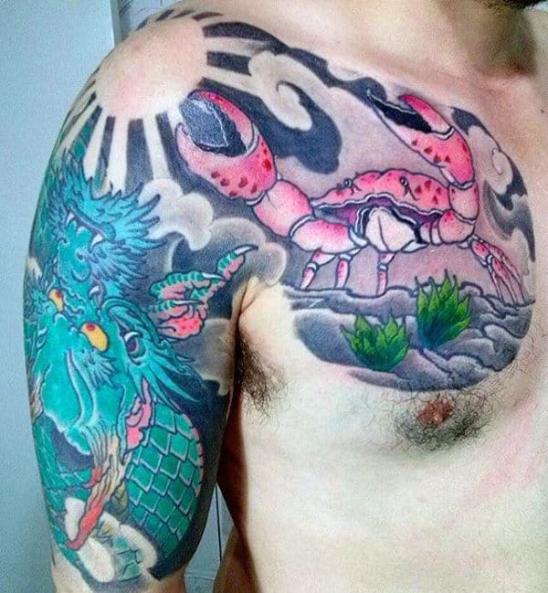 Guys Rising Sun Crab With Dragon Half Sleeve And Chest Tattoo
