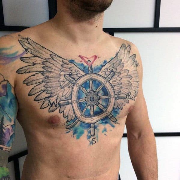 Guys Ship Wheel With Wings Artsy Watercolor Chest Tattoos