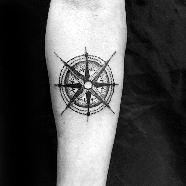 Guys Simple Inner Forearm Dotwork Compass Tattoo Design Ideas
