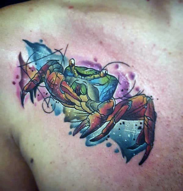 Guys Watercolor Colorful Crab Upper Chest Tattoos