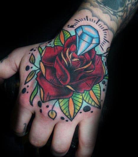 Hand Traditional Mens Red Rose Flower With Blue Glowing Diamond Tattoo Ideas