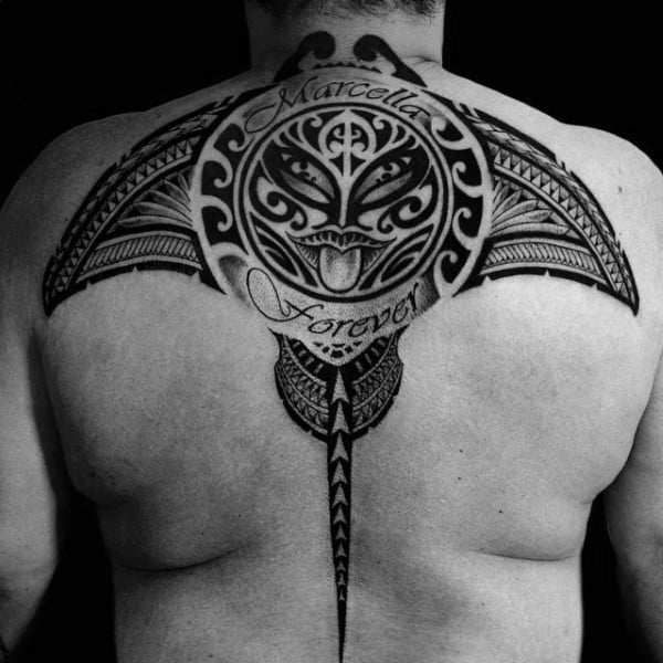 Hawaiian Tribal Stingray Male Upper Back Tattoo Designs
