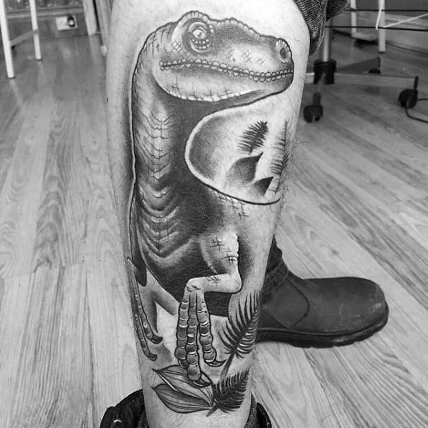 Heavily Shaded Dinosaur Jurassic Park Mens Tattoo Designs On Leg