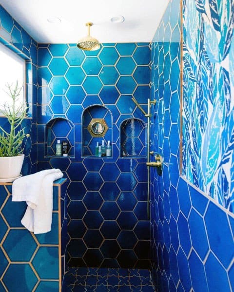 Hexagon Blue Tiles With Gold Grout Bathroom Interior Design