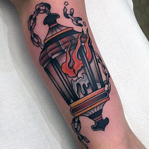 Inner Arm Bicep Guys Flaming Lantern With Broken Chains Traditional Tattoo